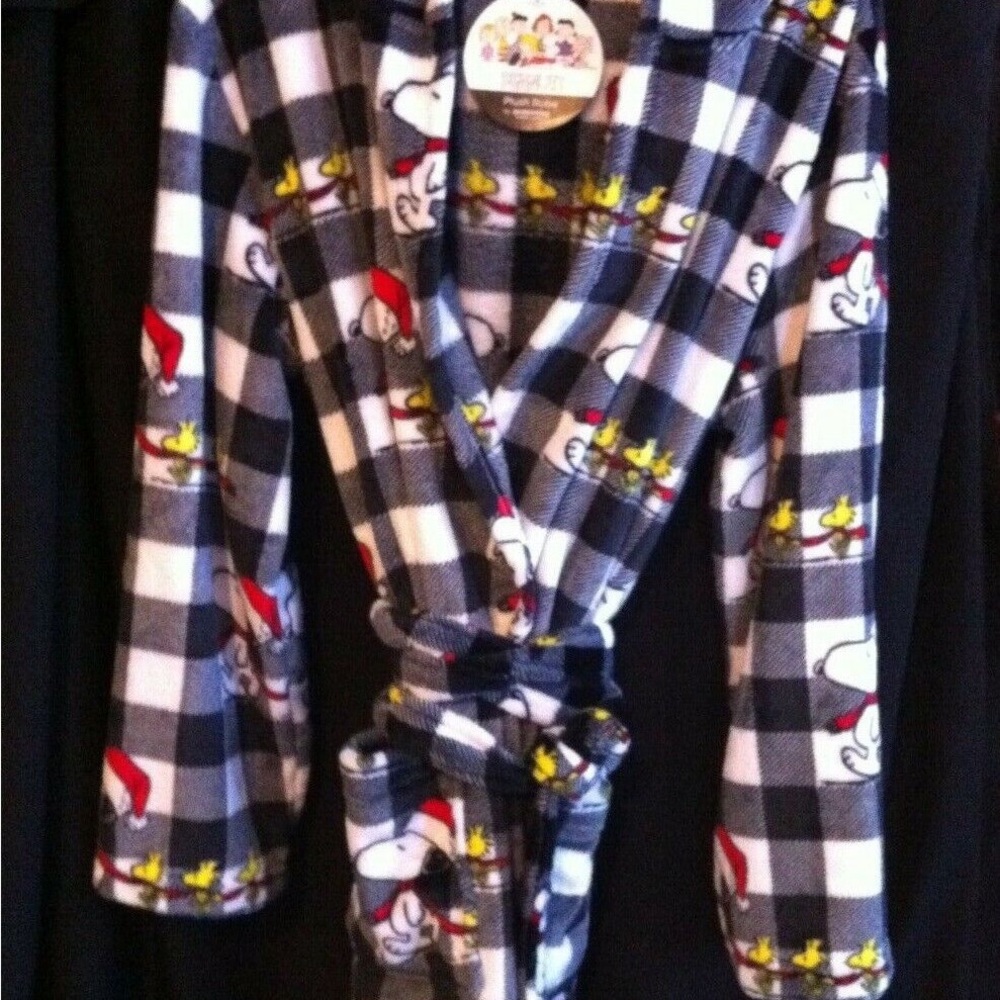 Peanuts Christmas Hooded Bath Robe Snoopy Woodstock Santa Hat Plaid Adult S/M